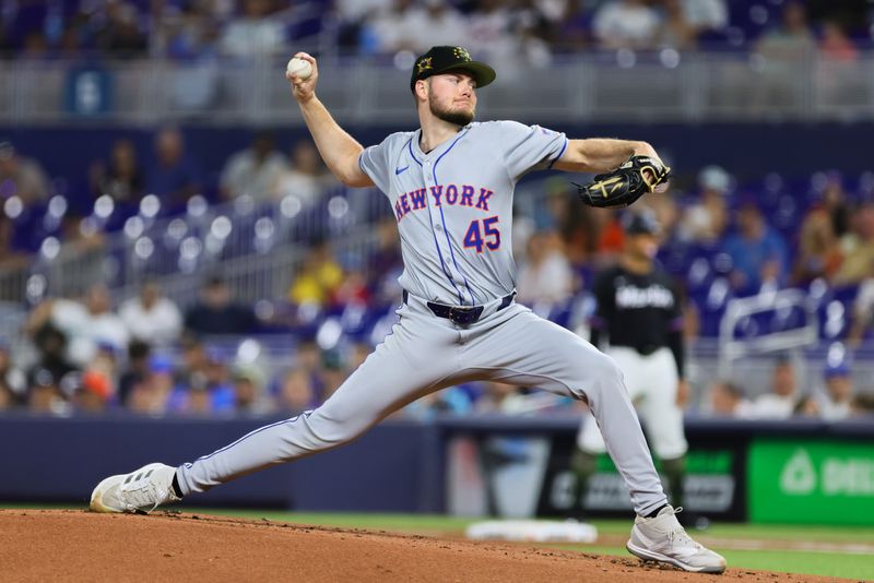 May 17, 2024; Miami, Florida, USA; New York Mets starting pitcher Christian Scott (45) delivers a pitch against the Miami Marlins during the first inning at loanDepot Park. Mandatory Credit: Sam Navarro-USA TODAY Sports