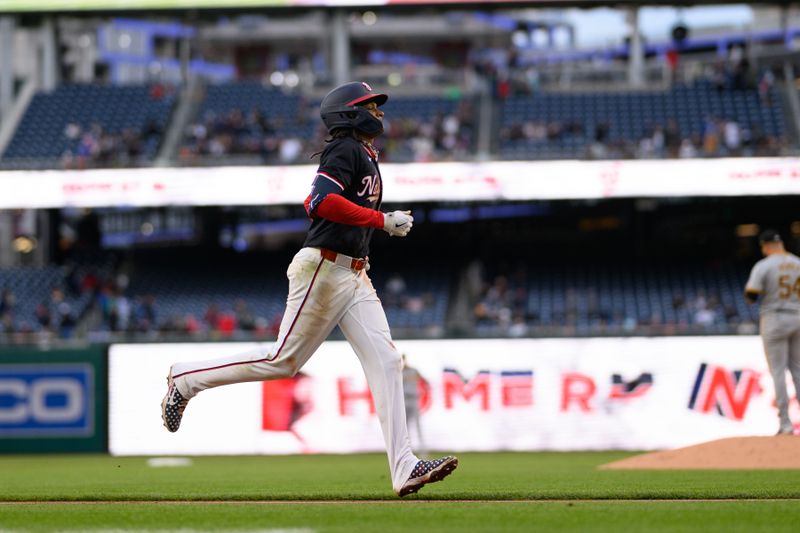 Apr 4, 2024; Washington, District of Columbia, USA; Washington Nationals shortstop CJ Abrams (5) rounds the bases after hitting a home run during the fifth inning against the Pittsburgh Pirates at Nationals Park. Mandatory Credit: Reggie Hildred-USA TODAY Sports