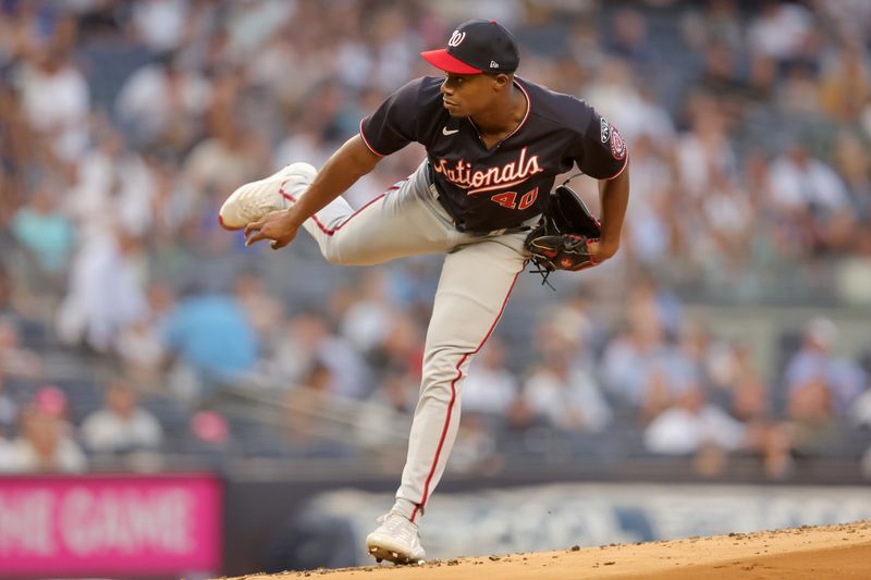 Aug 22, 2023; Bronx, New York, USA; Washington Nationals starting pitcher Josiah Gray (40) follows through on a pitch against the New York Yankees during the first inning at Yankee Stadium. Mandatory Credit: Brad Penner-USA TODAY Sports