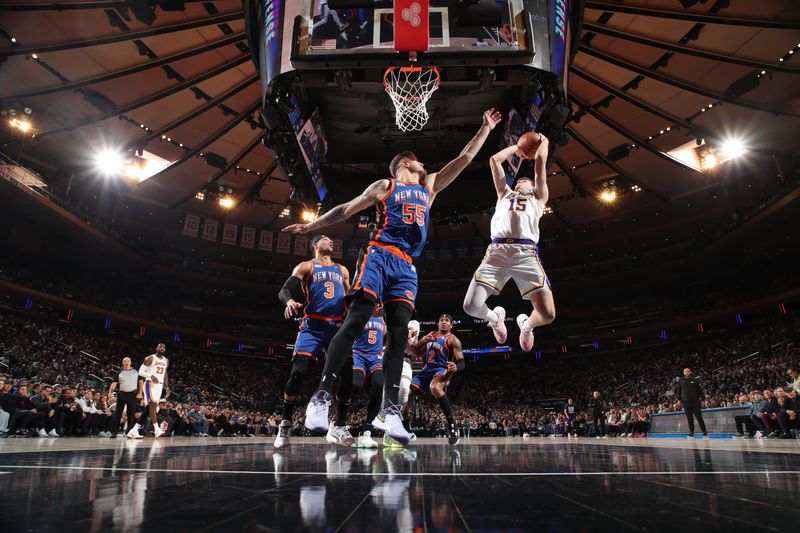 NEW YORK, NY - FEBRUARY 3: Austin Reaves #15 of the Los Angeles Lakers shoots the ball during the game against the New York Knicks on February 3, 2024 at Madison Square Garden in New York City, New York.  NOTE TO USER: User expressly acknowledges and agrees that, by downloading and or using this photograph, User is consenting to the terms and conditions of the Getty Images License Agreement. Mandatory Copyright Notice: Copyright 2024 NBAE  (Photo by Nathaniel S. Butler/NBAE via Getty Images)