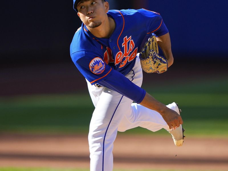 Sep 14, 2023; New York City, New York, USA; New York Mets pitcher Kodai Senga (34) delivers a pitch against the Arizona Diamondbacks during the first inning at Citi Field. Mandatory Credit: Gregory Fisher-USA TODAY Sports