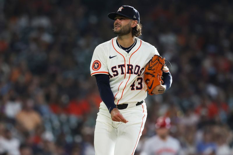 May 10, 2025; Houston, Texas, USA; Houston Astros starting pitcher Lance McCullers Jr. (43) reacts after a pitch during the first inning against the Cincinnati Reds at Daikin Park. Mandatory Credit: Troy Taormina-Imagn Images