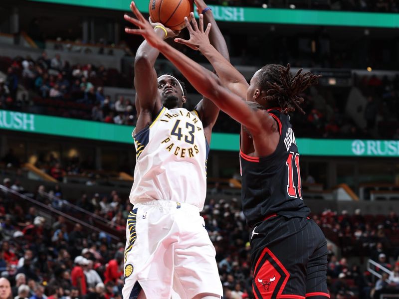 CHICAGO, IL - DECEMBER 6: Pascal Siakam #43 of the Indiana Pacers shoots the ball during the game against the Chicago Bulls on December 6, 2024 at United Center in Chicago, Illinois. NOTE TO USER: User expressly acknowledges and agrees that, by downloading and or using this photograph, User is consenting to the terms and conditions of the Getty Images License Agreement. Mandatory Copyright Notice: Copyright 2024 NBAE (Photo by Jeff Haynes/NBAE via Getty Images)