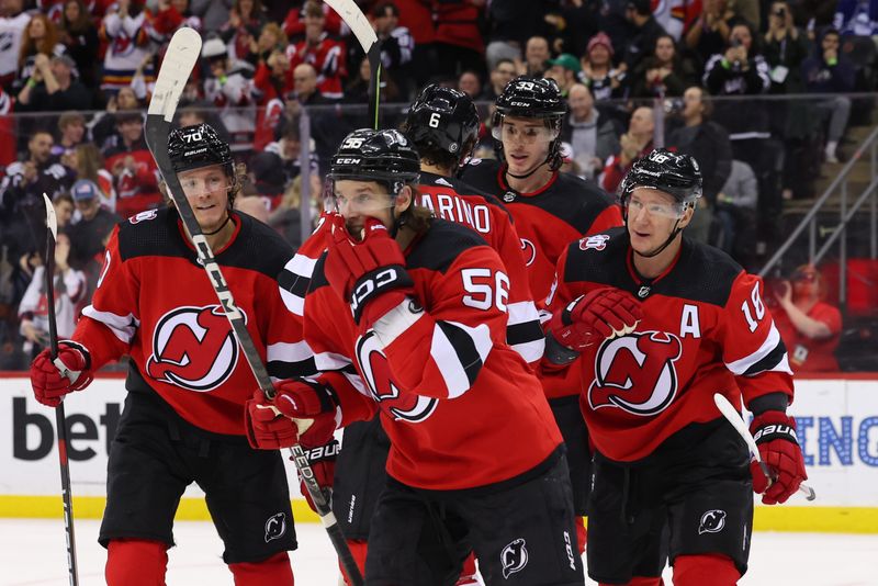 Mar 7, 2023; Newark, New Jersey, USA; New Jersey Devils left wing Erik Haula (56) celebrates his goal against the Toronto Maple Leafs during the second period at Prudential Center. Mandatory Credit: Ed Mulholland-USA TODAY Sports