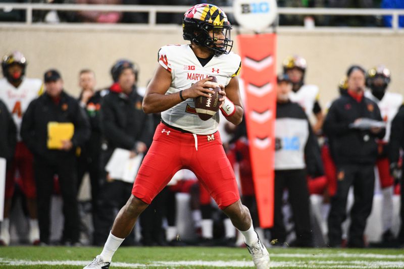 Nov 13, 2021; East Lansing, Michigan, USA; Maryland Terrapins quarterback Taulia Tagovailoa (3) during the first quarter against the Michigan State Spartans at Spartan Stadium. Mandatory Credit: Tim Fuller-USA TODAY Sports