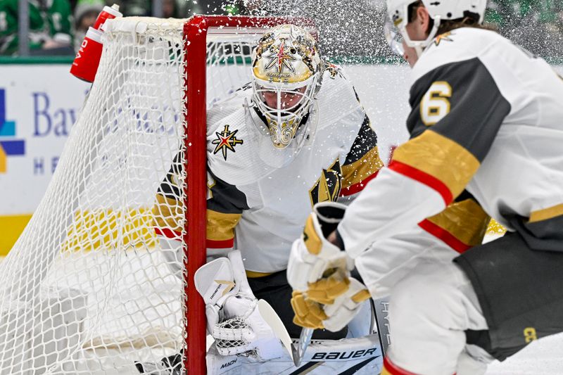 Dec 9, 2023; Dallas, Texas, USA; Vegas Golden Knights goaltender Logan Thompson (36) faces the Dallas Stars attack during the second period at the American Airlines Center. Mandatory Credit: Jerome Miron-USA TODAY Sports