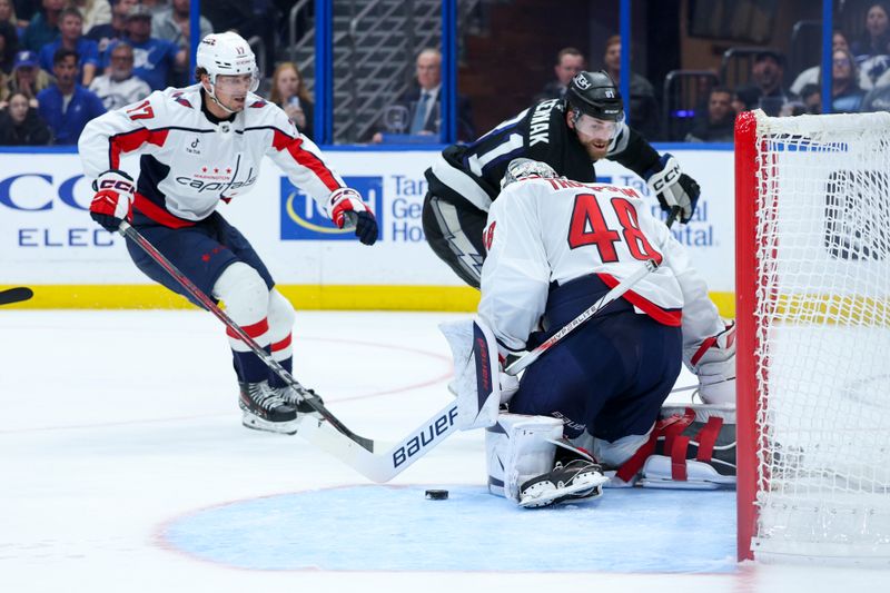 Nov 8, 2025; Tampa, Florida, USA; Washington Capitals goaltender Logan Thompson (48) makes a save on a shit by Tampa Bay Lightning defenseman Erik Cernak (81) in the third period at Benchmark International Arena. Mandatory Credit: Nathan Ray Seebeck-Imagn Images