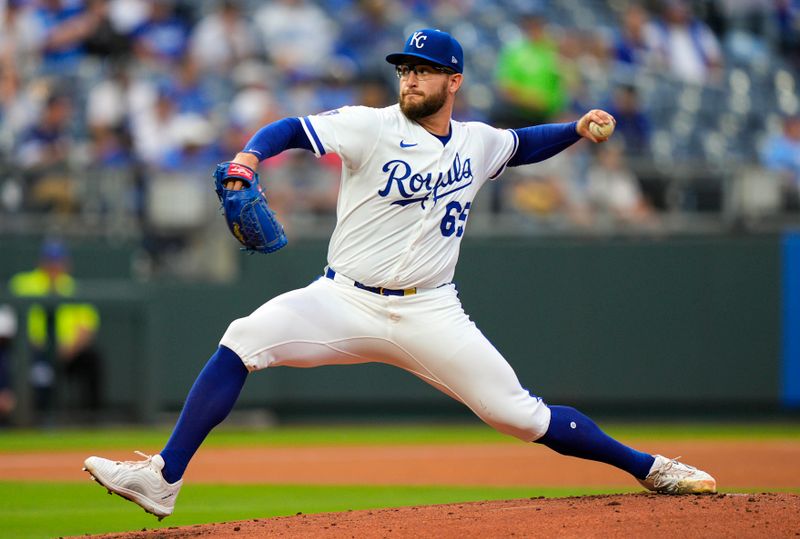 Sep 4, 2025; Kansas City, Missouri, USA; Kansas City Royals starting pitcher Noah Cameron (65) pitches during the first inning against the Los Angeles Angels at Kauffman Stadium. Mandatory Credit: Jay Biggerstaff-Imagn Images