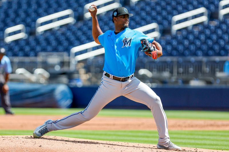 Mar 2, 2023; West Palm Beach, Florida, USA; Miami Marlins starting pitcher Edward Cabrera (27) delivers a pitch during the first inning against the Washington Nationals at The Ballpark of the Palm Beaches. Mandatory Credit: Sam Navarro-USA TODAY Sports