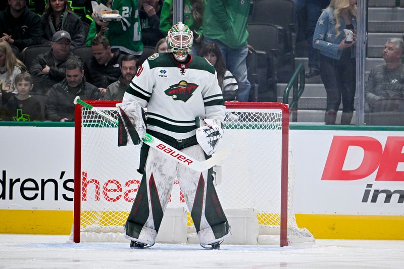 Jan 10, 2024; Dallas, Texas, USA; Minnesota Wild goaltender Jesper Wallstedt (30) makes his first career NHL start in the game against the Dallas Stars at the American Airlines Center. Mandatory Credit: Jerome Miron-USA TODAY Sports