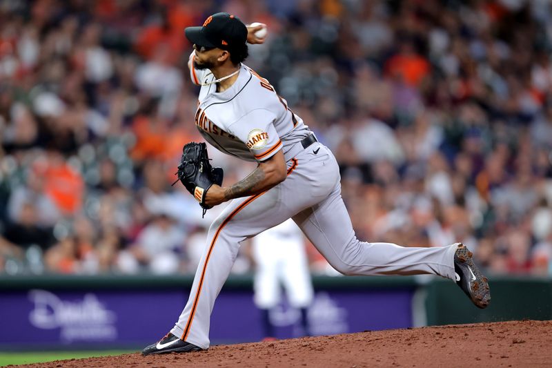 May 2, 2023; Houston, Texas, USA; San Francisco Giants relief pitcher Camilo Doval (75) delivers a pitch against the Houston Astros during the ninth inning at Minute Maid Park. Mandatory Credit: Erik Williams-USA TODAY Sports