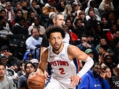 BROOKLYN, NY - DECEMBER 23: Cade Cunningham #2 of the Detroit Pistons handles the ball during the game against the Brooklyn Nets on December 23, 2023 at Barclays Center in Brooklyn, New York. NOTE TO USER: User expressly acknowledges and agrees that, by downloading and or using this Photograph, user is consenting to the terms and conditions of the Getty Images License Agreement. Mandatory Copyright Notice: Copyright 2023 NBAE (Photo by David Dow/NBAE via Getty Images)