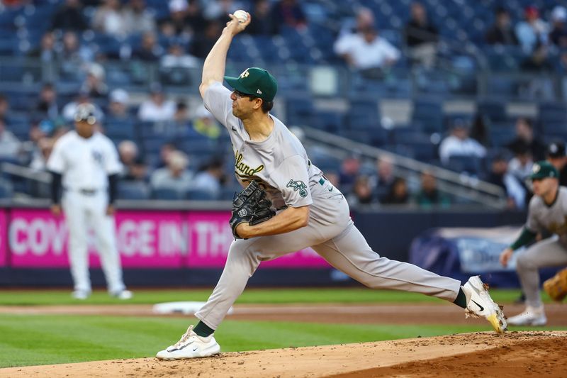 Apr 24, 2024; Bronx, New York, USA; Oakland Athletics starting pitcher Joe Boyle (35) pitches in the first inning against the New York Yankees at Yankee Stadium. Mandatory Credit: Wendell Cruz-USA TODAY Sports