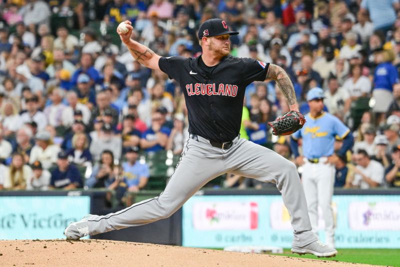 Aug 18, 2024; Milwaukee, Wisconsin, USA; Cleveland Guardians starting pitcher Ben Lively (39) pitches against the Milwaukee Brewers in the first inning at American Family Field. Mandatory Credit: Benny Sieu-USA TODAY Sports