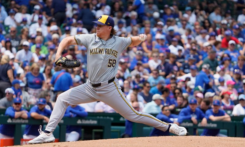 Jul 24, 2024; Chicago, Illinois, USA; Milwaukee Brewers pitcher Rob Zastryzny (58) throws against the Chicago Cubs during the first inning at Wrigley Field. Mandatory Credit: David Banks-USA TODAY Sports