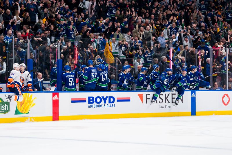 Nov 15, 2023; Vancouver, British Columbia, CAN;  The Vancouver Canucks bench celebrates after defeating the New York Islanders at Rogers Arena. Vancouver won 4-3 in overtime. Mandatory Credit: Bob Frid-USA TODAY Sports