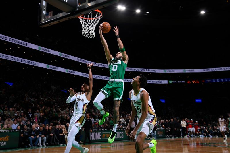 BOSTON, MA - JANUARY 12: Jayson Tatum #0 of the Boston Celtics drives to the basket during the game against the New Orleans Pelicans on January 12, 2025 at TD Garden in Boston, Massachusetts. NOTE TO USER: User expressly acknowledges and agrees that, by downloading and/or using this Photograph, user is consenting to the terms and conditions of the Getty Images License Agreement. Mandatory Copyright Notice: Copyright 2025 NBAE (Photo by Brian Babineau/NBAE via Getty Images)