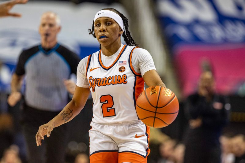 Mar 8, 2024; Greensboro, NC, USA; Syracuse Orange guard Dyaisha Fair (2) brings the ball up court in the first against the Florida State Seminoles half at Greensboro Coliseum. Mandatory Credit: David Yeazell-USA TODAY Sports