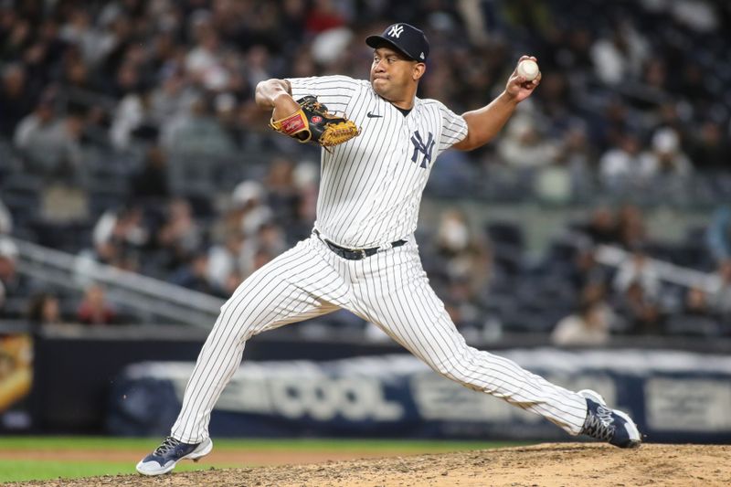 May 2, 2023; Bronx, New York, USA;  New York Yankees relief pitcher Wandy Peralta (58) pitches in the seventh inning against the Cleveland Guardians at Yankee Stadium. Mandatory Credit: Wendell Cruz-USA TODAY Sports