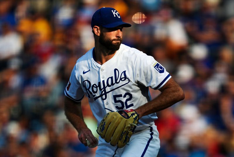 Aug 10, 2024; Kansas City, Missouri, USA; Kansas City Royals starting pitcher Michael Wacha (52) pitches during the first inning against the St. Louis Cardinals at Kauffman Stadium. Mandatory Credit: Jay Biggerstaff-USA TODAY Sports