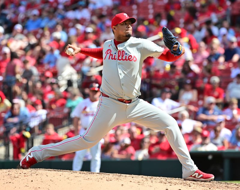 Apr 13, 2025; St. Louis, Missouri, USA; Philadelphia Phillies pitcher Carlos Hernandez pitches in relief against the St. Louis Cardinals in the eighth inning at Busch Stadium. Mandatory Credit: Tim Vizer-Imagn Images