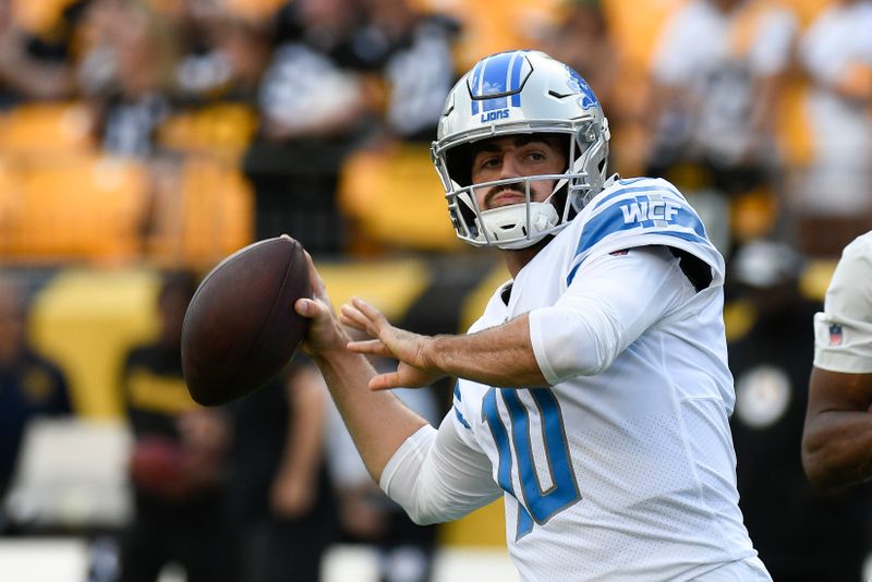 Detroit Lions quarterback David Blough (10) warms up before an NFL preseason football game against the Pittsburgh Steelers, Sunday, Aug. 28, 2022, in Pittsburgh. (AP Photo/Don Wright)