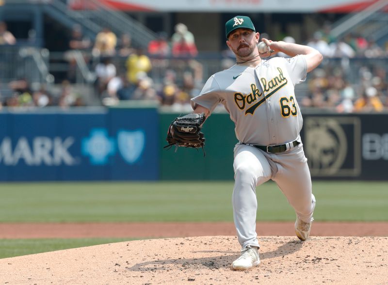 Jun 7, 2023; Pittsburgh, Pennsylvania, USA;  Oakland Athletics starting pitcher Hogan Harris (63) delivers a pitch against the Pittsburgh Pirates during the first inning at PNC Park. Mandatory Credit: Charles LeClaire-USA TODAY Sports