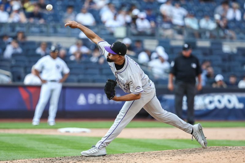 Aug 24, 2024; Bronx, New York, USA;  Colorado Rockies pitcher Anthony Molina (43) pitches in the ninth inning against the New York Yankees at Yankee Stadium. Mandatory Credit: Wendell Cruz-USA TODAY Sports