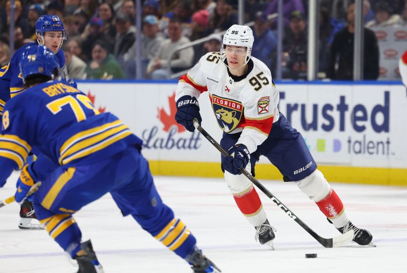 Jan 12, 2026; Buffalo, New York, USA;  Florida Panthers left wing Sandis Villains (95) looks to make a pass during the first period against the Buffalo Sabres at KeyBank Center. Mandatory Credit: Timothy T. Ludwig-Imagn Images