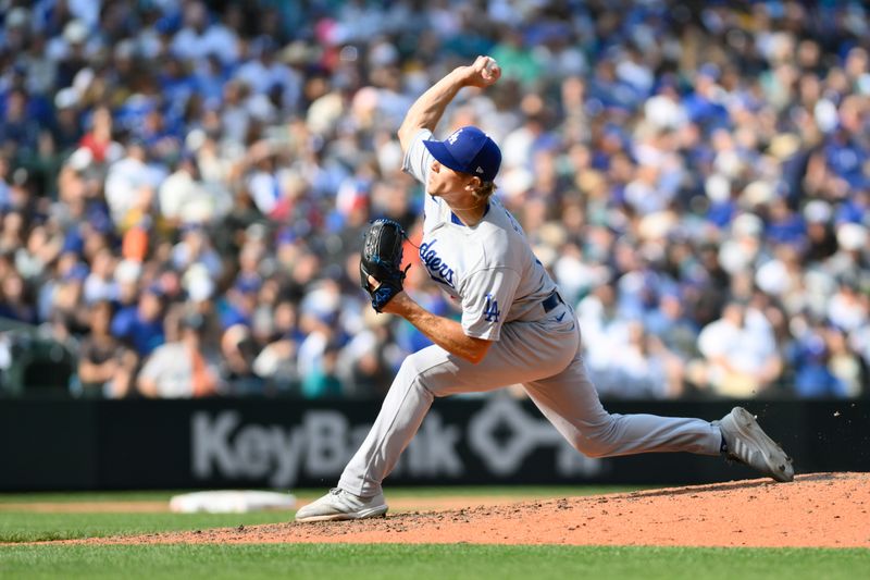 Sep 17, 2023; Seattle, Washington, USA; Los Angeles Dodgers relief pitcher Gavin Stone (71) pitches to the Seattle Mariners during the sixth inning at T-Mobile Park. Mandatory Credit: Steven Bisig-USA TODAY Sports