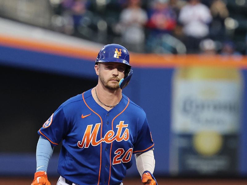 Aug 7, 2023; New York City, New York, USA; New York Mets first baseman Pete Alonso (20) runs the bases after hitting a three-run home run during the first inning against the Chicago Cubs at Citi Field. Mandatory Credit: Vincent Carchietta-USA TODAY Sports