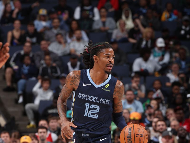 MEMPHIS, TN - OCTOBER 31: Ja Morant #12 of the Memphis Grizzlies dribbles the ball during the game against the Milwaukee Bucks on October 31, 2024 at FedExForum in Memphis, Tennessee. NOTE TO USER: User expressly acknowledges and agrees that, by downloading and or using this photograph, User is consenting to the terms and conditions of the Getty Images License Agreement. Mandatory Copyright Notice: Copyright 2024 NBAE (Photo by Joe Murphy/NBAE via Getty Images)