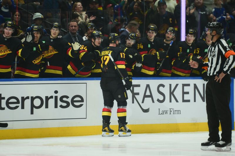 Nov 23, 2025; Vancouver, British Columbia, CAN;  Vancouver Canucks defenseman Filip Hronek (17) celebrates scoring with team mates against the Calgary Flames during the first period at Rogers Arena. Mandatory Credit: Simon Fearn-Imagn Images