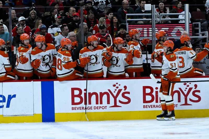 Nov 30, 2025; Chicago, Illinois, USA;  Anaheim Ducks defenseman Olen Zellweger (51)  celebrates a goal against the Chicago Blackhawks during the first period at United Center. Mandatory Credit: Matt Marton-Imagn Images