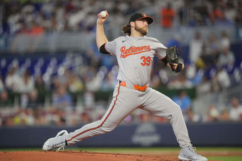 Jul 25, 2024; Miami, Florida, USA;  Baltimore Orioles pitcher Corbin Burnes (39) delivers in the first inning against the Miami Marlins at loanDepot Park. Mandatory Credit: Jim Rassol-USA TODAY Sports