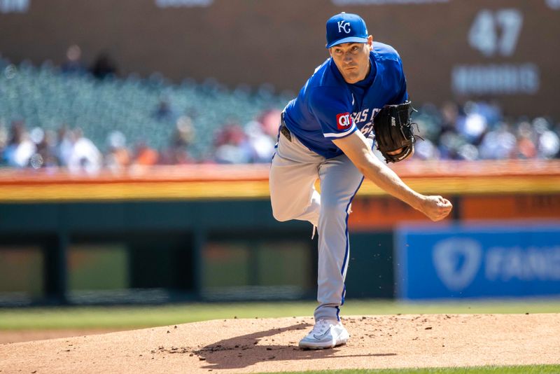 Apr 26, 2024; Detroit, Michigan, USA; Kansas City Royals pitcher Seth Lugo (67) throws in the first inning against the Detroit Tigers at Comerica Park. Mandatory Credit: David Reginek-USA TODAY Sports