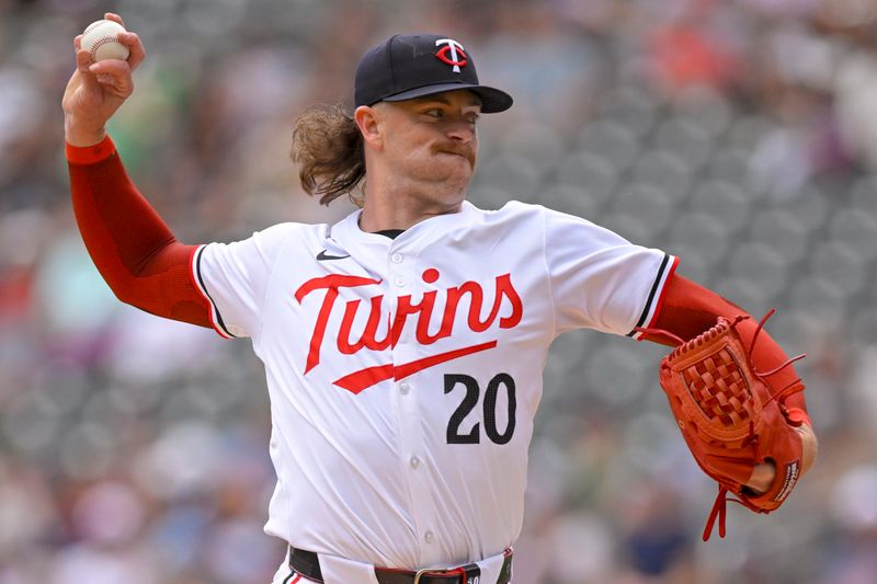 May 25, 2024; Minneapolis, Minnesota, USA;  Minnesota Twins pitcher Chris Paddack (20) delivers a pitch against the Texas Rangers during the first inning at Target Field. Mandatory Credit: Nick Wosika-USA TODAY Sports