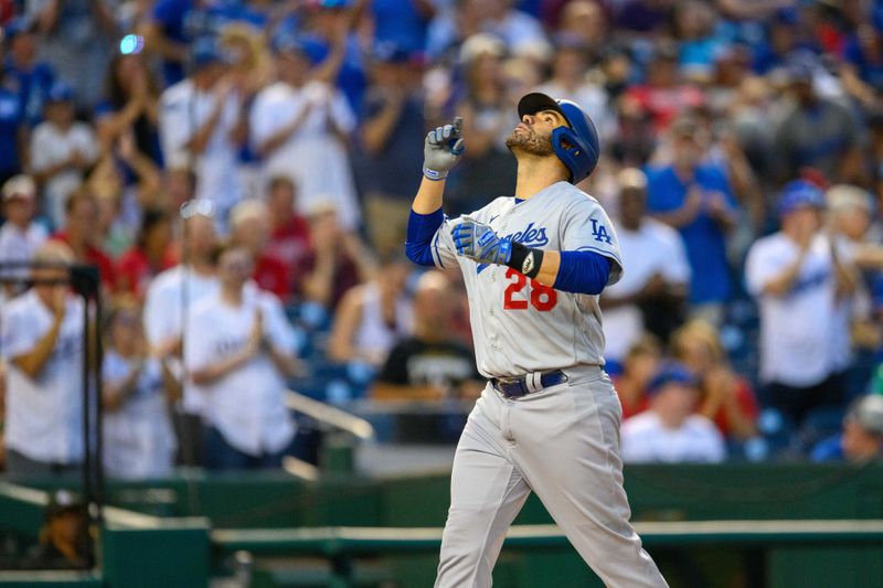 Sep 8, 2023; Washington, District of Columbia, USA; Los Angeles Dodgers designated hitter J.D. Martinez (28) reacts after hitting a home run during the first inning against the Washington Nationals at Nationals Park. Mandatory Credit: Reggie Hildred-USA TODAY Sports