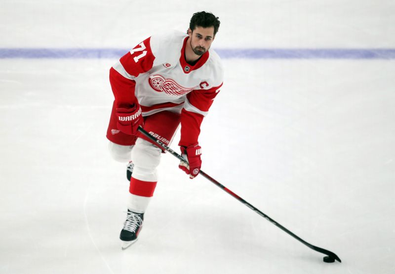 Nov 13, 2024; Pittsburgh, Pennsylvania, USA;  Detroit Red Wings center Dylan Larkin (71) warms up against the Pittsburgh Penguins at PPG Paints Arena. Mandatory Credit: Charles LeClaire-Imagn Images