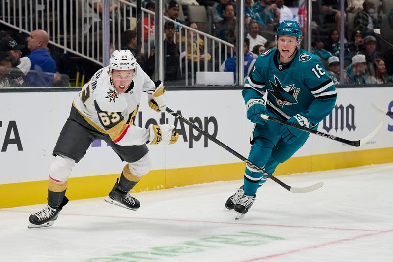 Sep 26, 2025; San Jose, California, USA; Vegas Golden Knights right wing Ben Hemmerling (63) skates against San Jose Sharks center Filip Bystedt (18) during the first period at SAP Center at San Jose. Mandatory Credit: Robert Edwards-Imagn Images