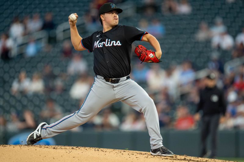 Sep 26, 2024; Minneapolis, Minnesota, USA; Miami Marlins pitcher Valente Bellozo (83) pitches in the first inning agains the Minnesota Twins at Target Field. Mandatory Credit: Matt Blewett-Imagn Images
