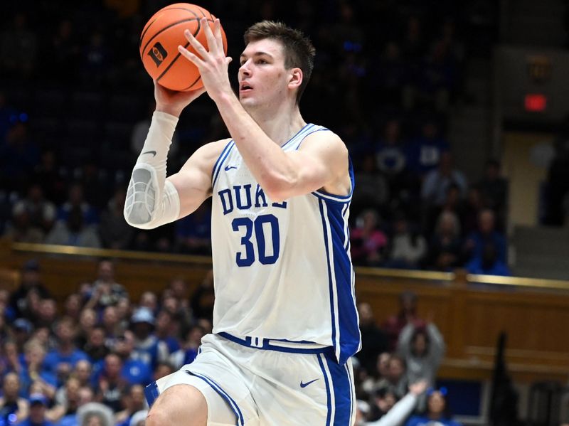 Dec 12, 2023; Durham, North Carolina, USA; Duke Blue Devils center Kyle Filipowski (30) throws a pass during the second half against the Hofstra Bison at Cameron Indoor Stadium. The Blue Devils won 89-68. Mandatory Credit: Rob Kinnan-USA TODAY Sports