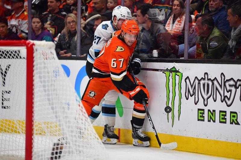 Oct 16, 2024; Anaheim, California, USA; dAnaheim Ducks defenseman Tristan Luneau (67) plays for the puck against Utah Hockey Club center Barrett Hayton (27) uring the third period at Honda Center. Mandatory Credit: Gary A. Vasquez-Imagn Images