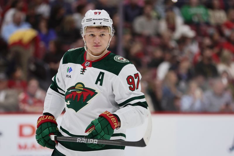 Jan 19, 2024; Sunrise, Florida, USA; Minnesota Wild left wing Kirill Kaprizov (97) looks on against the Florida Panthers during the first period at Amerant Bank Arena. Mandatory Credit: Sam Navarro-USA TODAY Sports