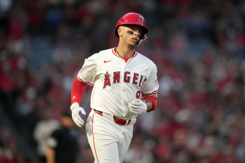 Apr 30, 2024; Anaheim, California, USA; Los Angeles Angels shortstop Zach Neto (9) runs the bases after hitting a home run in the third inning against the Philadelphia Phillies at Angel Stadium. Mandatory Credit: Kirby Lee-USA TODAY Sports