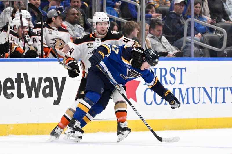 Mar 17, 2024; St. Louis, Missouri, USA; Anaheim Ducks left wing Ross Johnston (44) bothers St. Louis Blues defenseman Torey Krug (47) during the first period at Enterprise Center. Mandatory Credit: Jeff Le-USA TODAY Sports