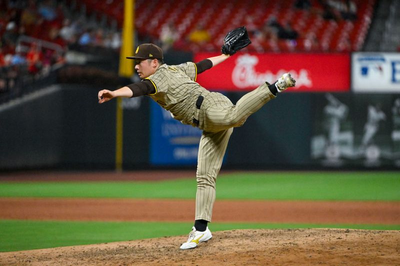 Aug 27, 2024; St. Louis, Missouri, USA;  San Diego Padres relief pitcher Yuki Matsui (1) pitches against the St. Louis Cardinals during the sixth inning at Busch Stadium. Mandatory Credit: Jeff Curry-USA TODAY Sports