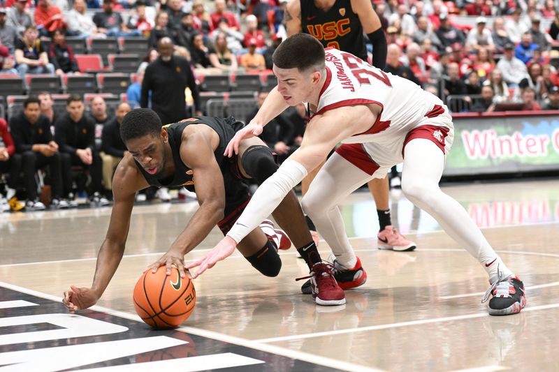 Feb 29, 2024; Pullman, Washington, USA; Washington State Cougars forward Andrej Jakimovski (23) fights for the ball against USC Trojans forward Joshua Morgan (24) in the first half at Friel Court at Beasley Coliseum. Mandatory Credit: James Snook-USA TODAY Sports