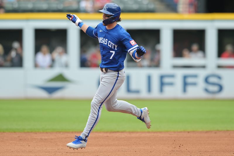 Aug 28, 2024; Cleveland, Ohio, USA; Kansas City Royals shortstop Bobby Witt Jr. (7) rounds the bases after hitting a home run during the third inning against the Cleveland Guardians at Progressive Field. Mandatory Credit: Ken Blaze-USA TODAY Sports