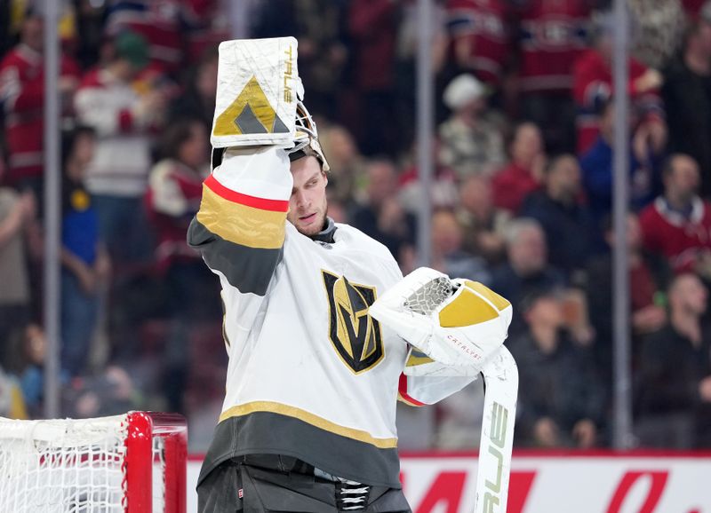 Jan 27, 2026; Montreal, Quebec, CAN; Vegas Golden Knights goalie Akira Schmid (40) reacts after letting in a goal by Montreal Canadiens forward Cole Caufield (13) (not pictured) during the second period at the Bell Centre. Mandatory Credit: Eric Bolte-Imagn Images